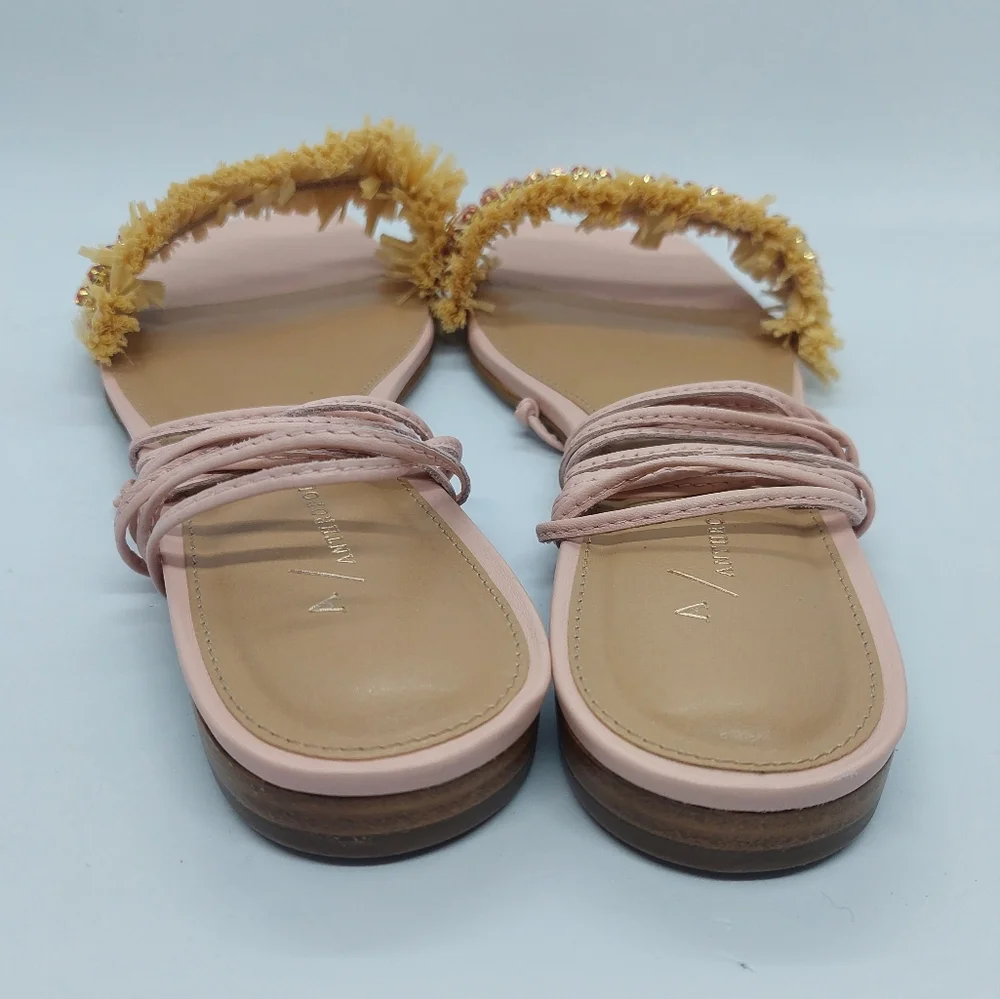 Anthropologie Embellished Tie Up Pink/Rose Raffia Square Toe Sandals Sz 39 US8.5